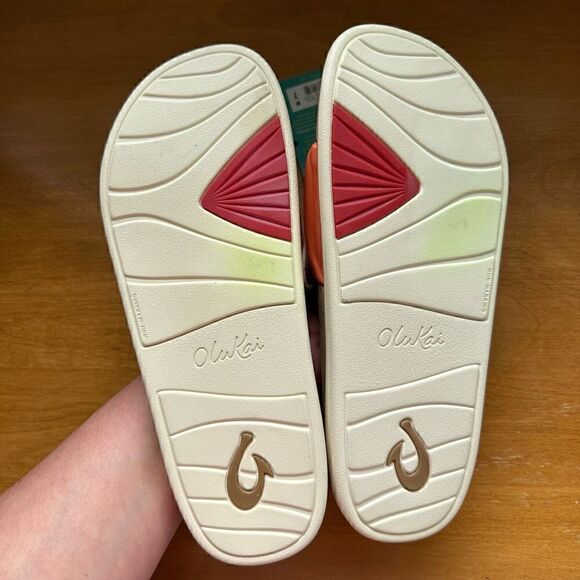 Olukai Women's Pihapiha Fusion Coral-Off White Leather Slide Sandal - Picture 10 of 11